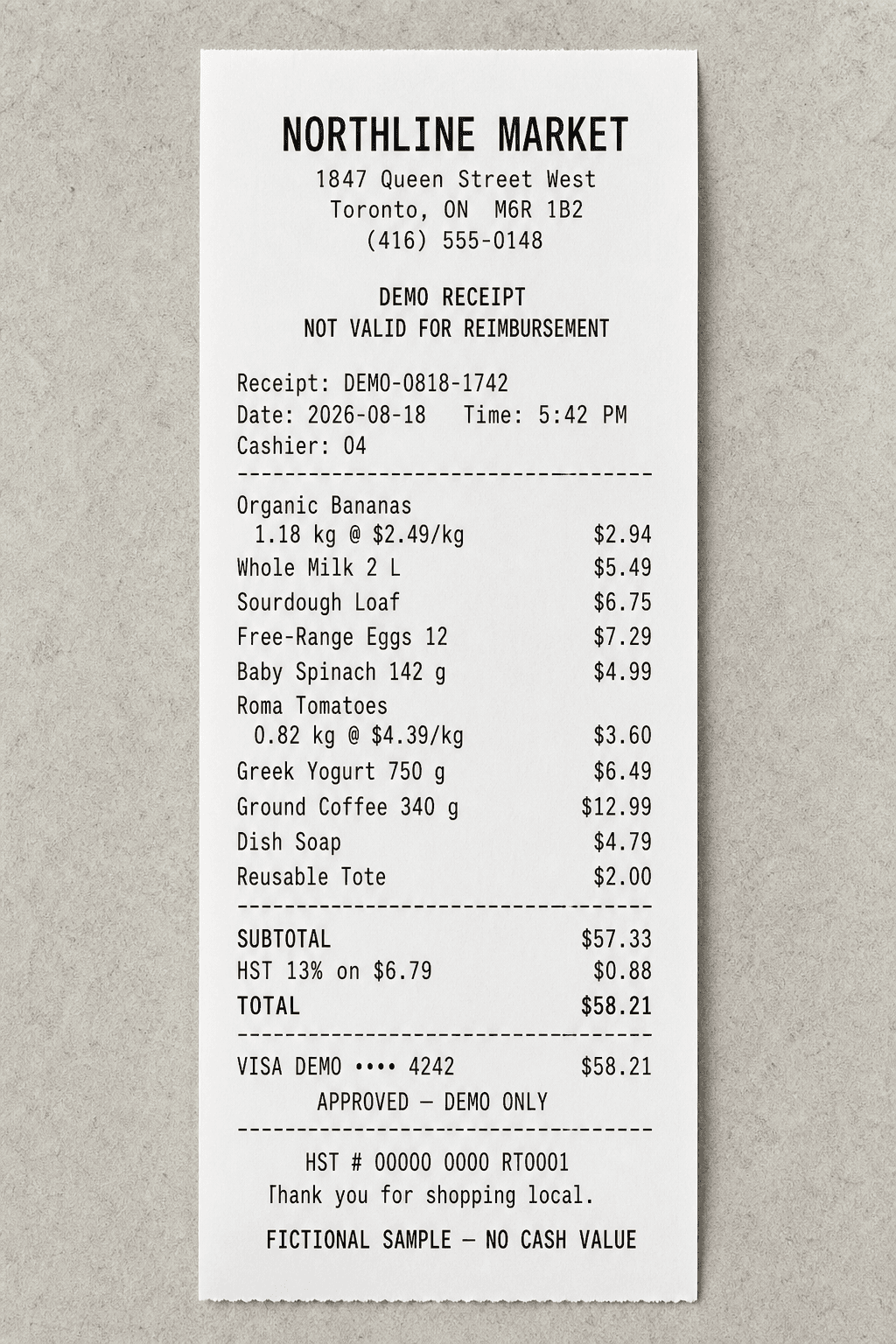 Fictional Northline Market receipt
