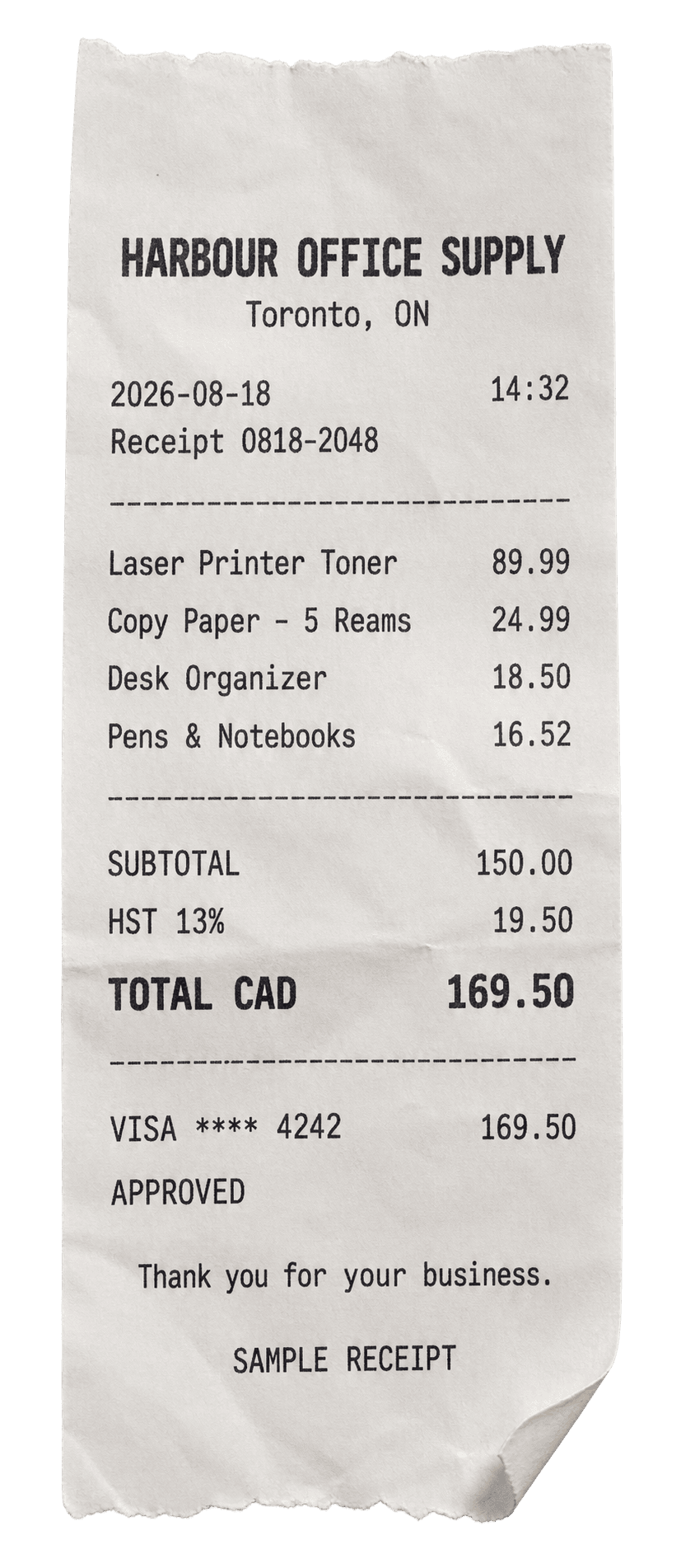 Sample Harbour Office Supply receipt: $150.00 subtotal, $19.50 HST, $169.50 CAD total